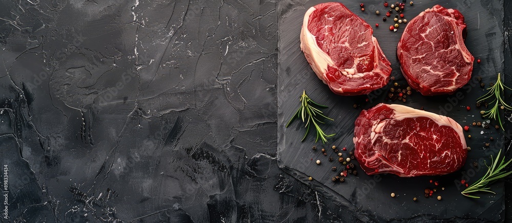 Poster Directly above view of three marbled raw ribeye steaks with spices on a stone table background providing a copy space image