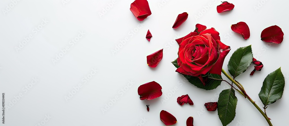 Leinwandbilder beautiful red rose with leaves and petals on a white background providing copy space image for text 