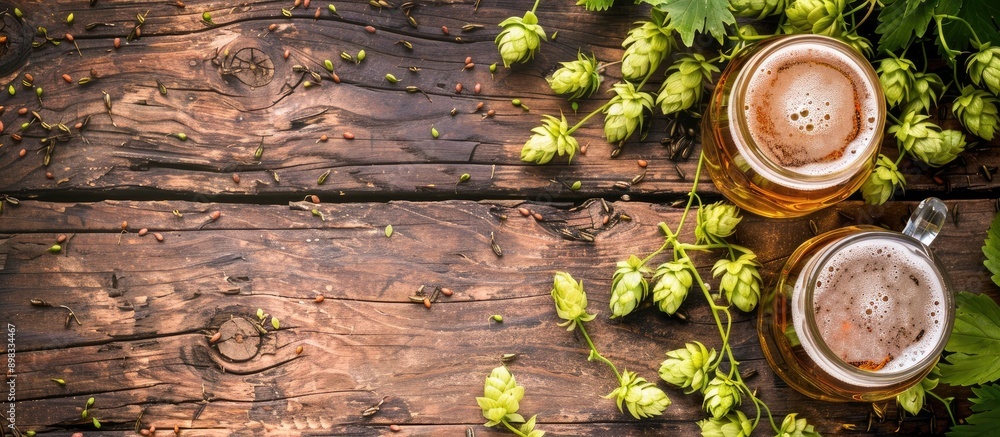 Poster top view of beer mugs with hop cones on a wooden tabletop with copy space image