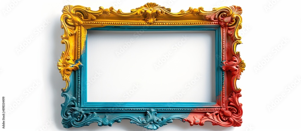 Aufkleber an antique styled picture frame in bright plastic colors stands alone on a white background ready fo