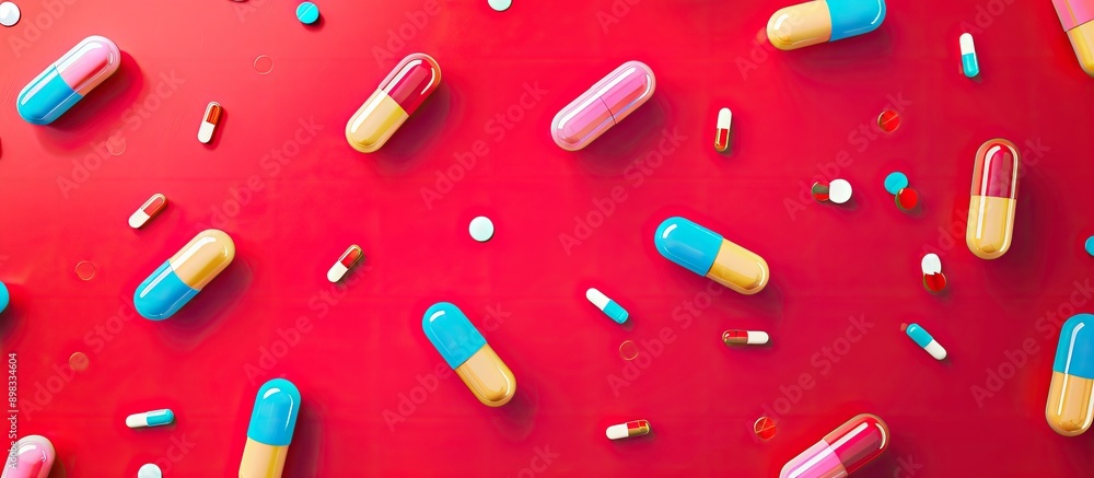 Aufkleber A creative concept featuring a colorful pattern of gelatin medicine capsules on a red background with space for adding an image. Creative banner. Copyspace image