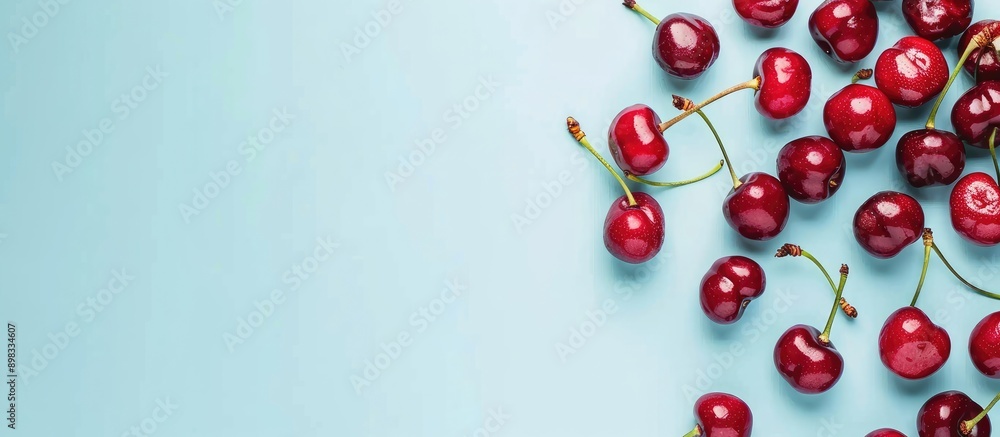 Aufkleber Top view of a cherry frame on a light blue backdrop with space for adding text ideal for a copy space image