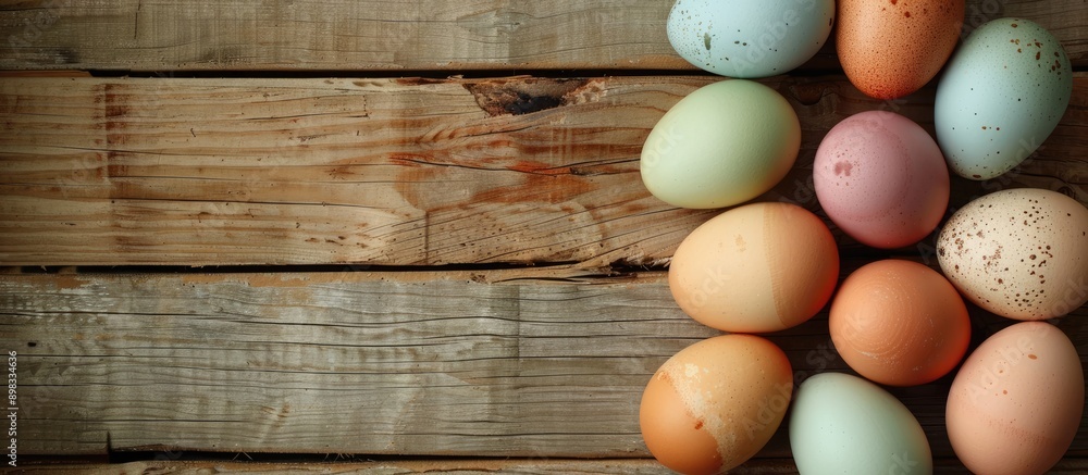 Poster colorful vintage eggs displayed on a wooden table background suitable for copy space images