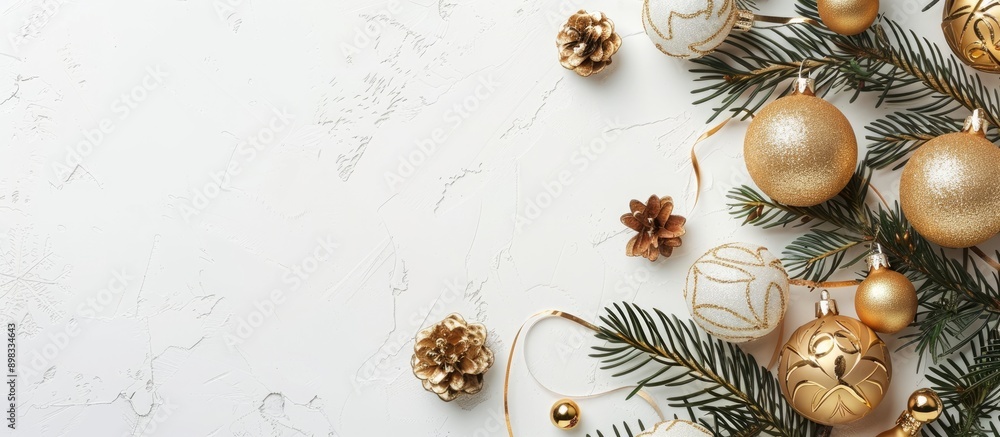 Poster top down view of golden ornaments and spruce leaves on a white backdrop creating a visually appealin