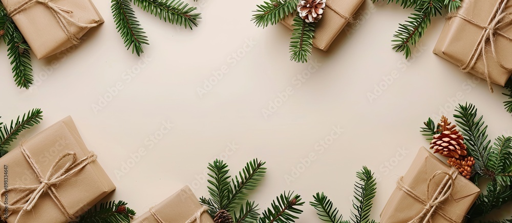 Poster top view flat lay of christmas gifts and fir branches on a background with room for text or images a