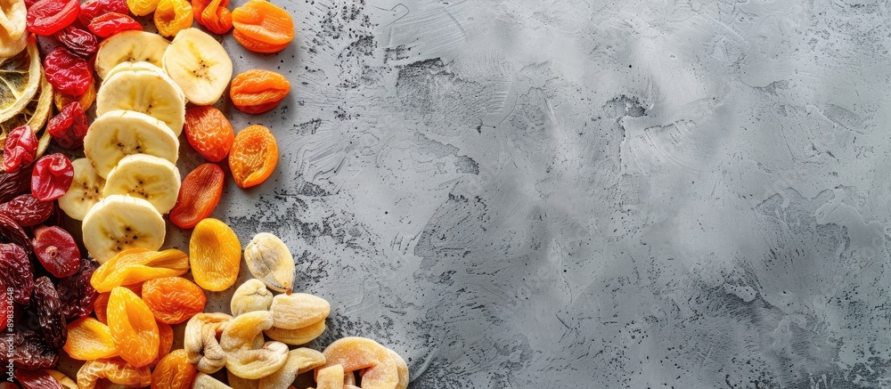 Aufkleber Assorted dried fruits like bananas apples and apricots arranged for a flat lay view creating a space for text with a copy space image