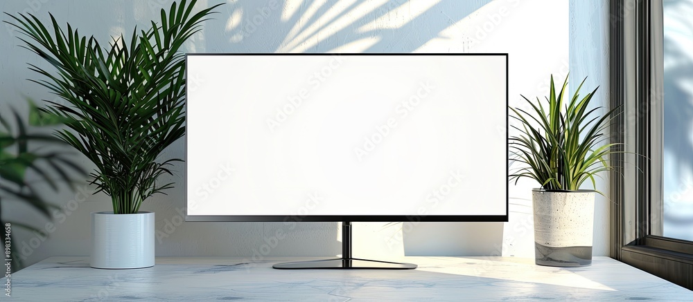 Poster contemporary monitor on a table with a white backdrop displaying a blank copy space image