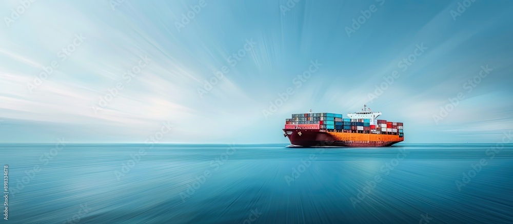 Poster a container cargo ship moving in a clear sky with a blurred blue sea view in the foreground perfect 