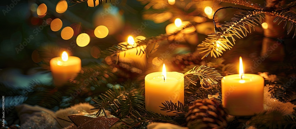 Poster candles illuminated under the festive christmas tree creating a cozy holiday ambiance with copy spac