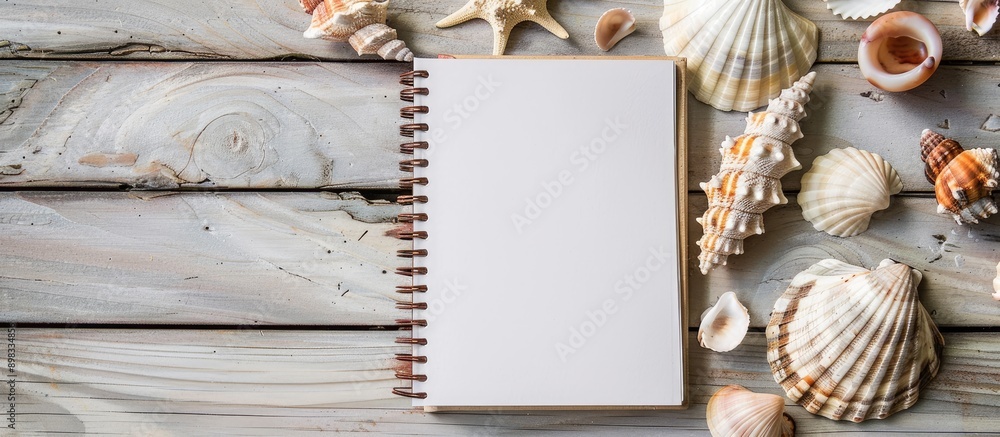 Poster A blank notebook on a wooden table showcases creativity products with seashells on a white background set against a stone backdrop in a top view copy space image