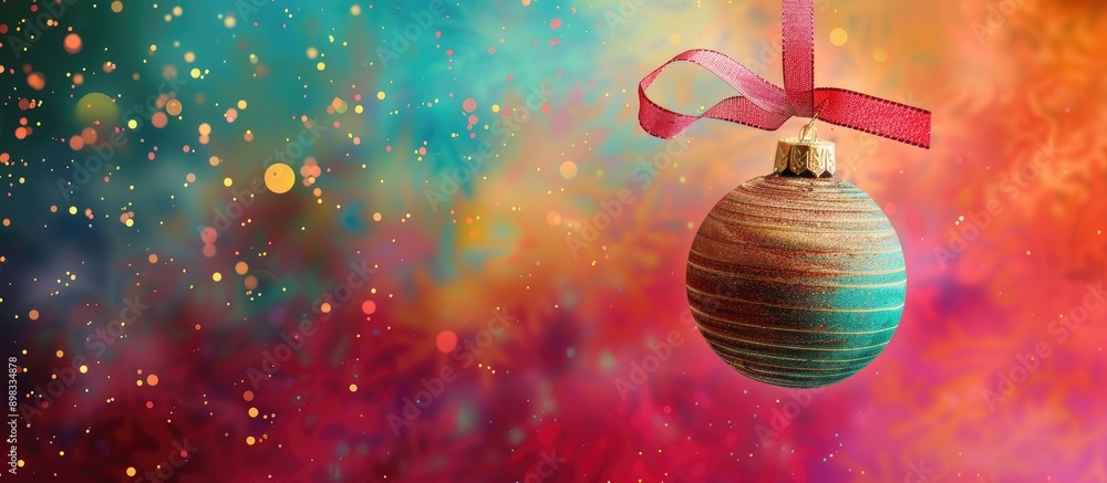 Aufkleber christmas bauble hanging from a ribbon with a wooden tree ornament on a colorful background with spa