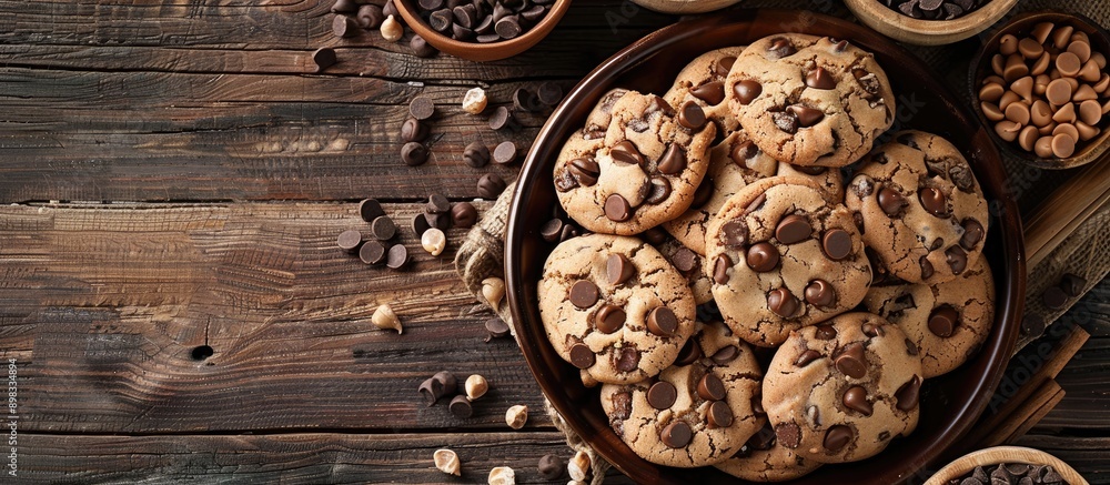 Poster Flat lay of a bowl filled with chocolate chip cookie dough and various ingredients on a wooden table with available copy space image