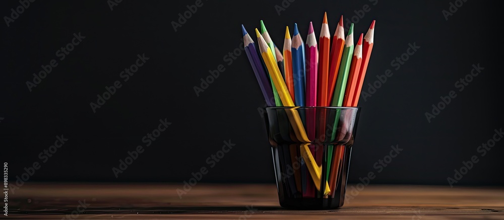 Poster dark toned image depicting colorful pencils arranged in a glass on a table with a black cup holding 