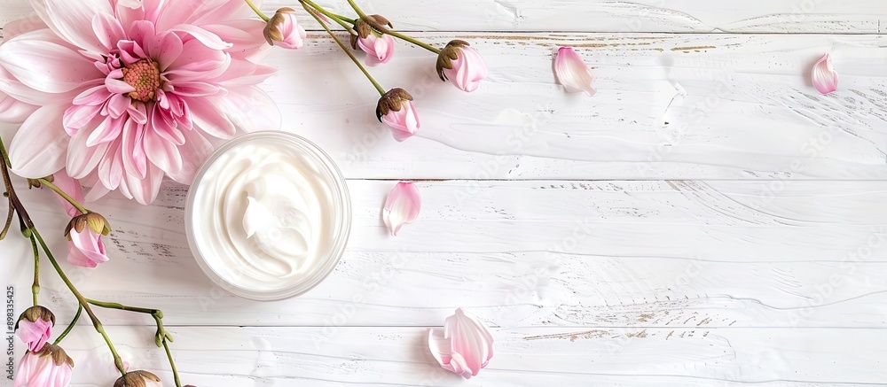 Poster a cosmetic cream displayed on a white wood table with a delicate pink flower and ample copy space im