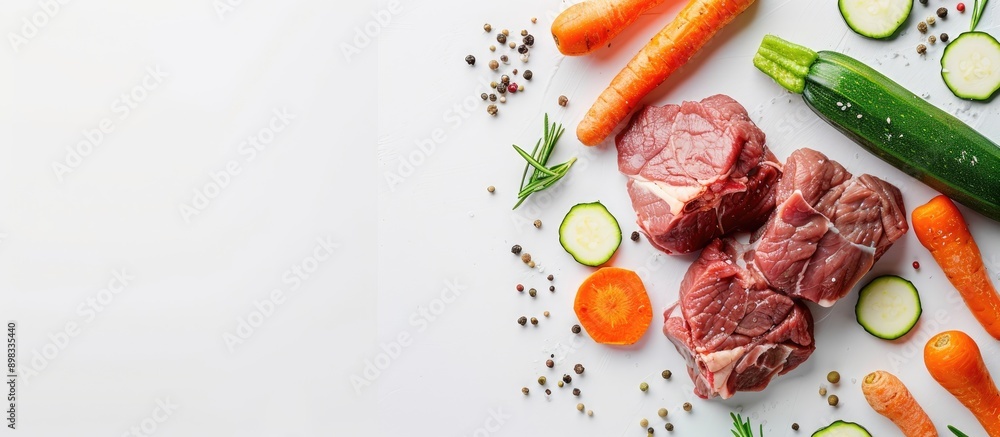Poster top down view of meat vegetables like zucchini and carrots on a white background in an image with sp