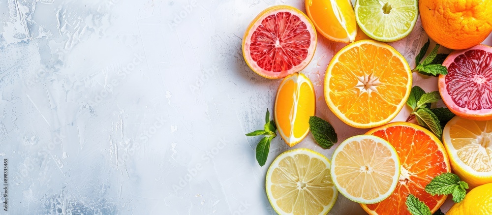 Poster assortment of juicy citrus fruits with copy space image