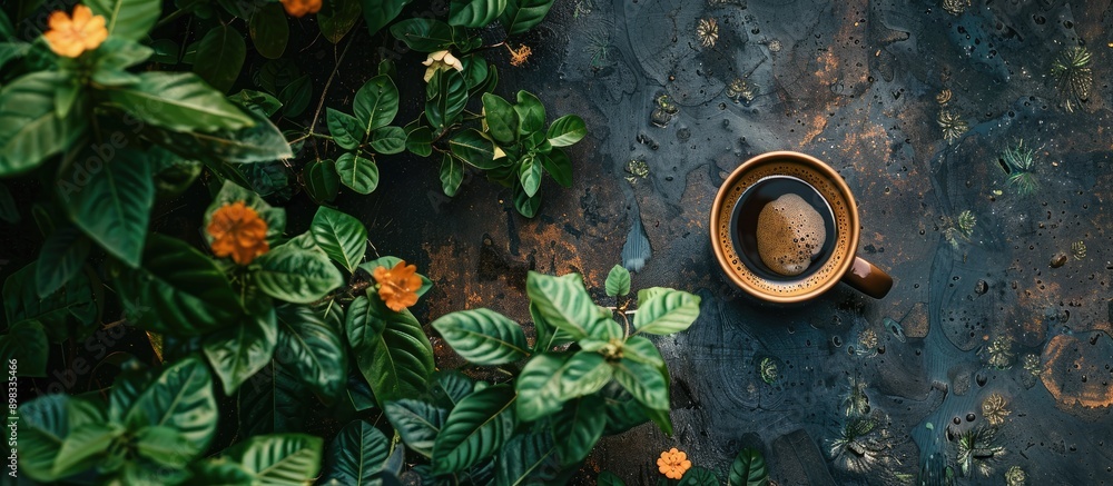 Poster Top down view of a coffee cup placed on a tabletop in the garden with ample copy space in the image