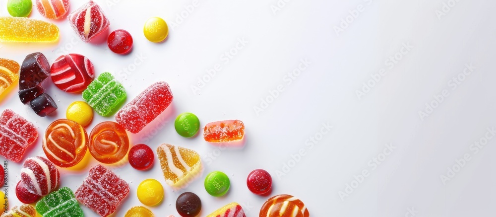 Poster colorful assorted candies on a white background with copy space image