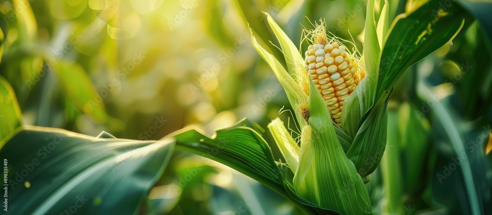 Poster close up view of green maize corn in a summer farm setting with just picked corn on the cob providin