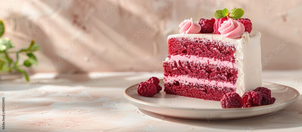 Aufkleber Cake displayed on a plate over a beige backdrop with space for adding images. Creative banner. Copyspace image