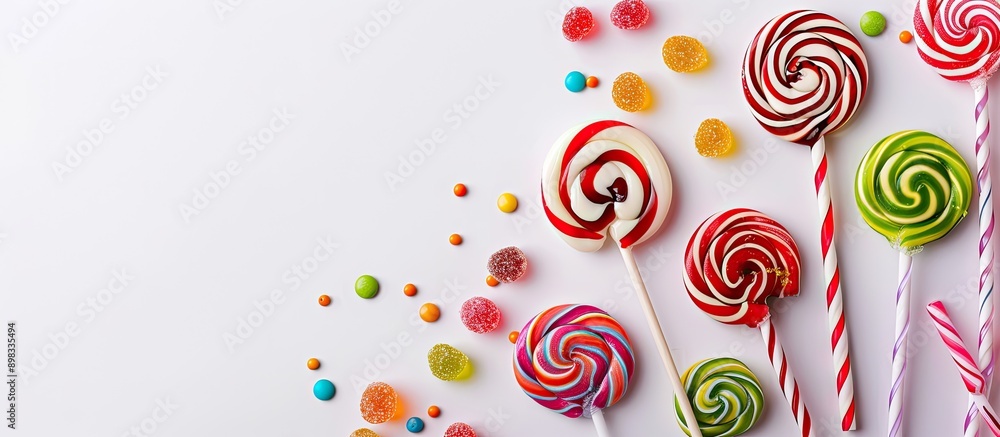 Poster An assortment of vibrant candies and lollipops set against a white backdrop providing ample copy space image