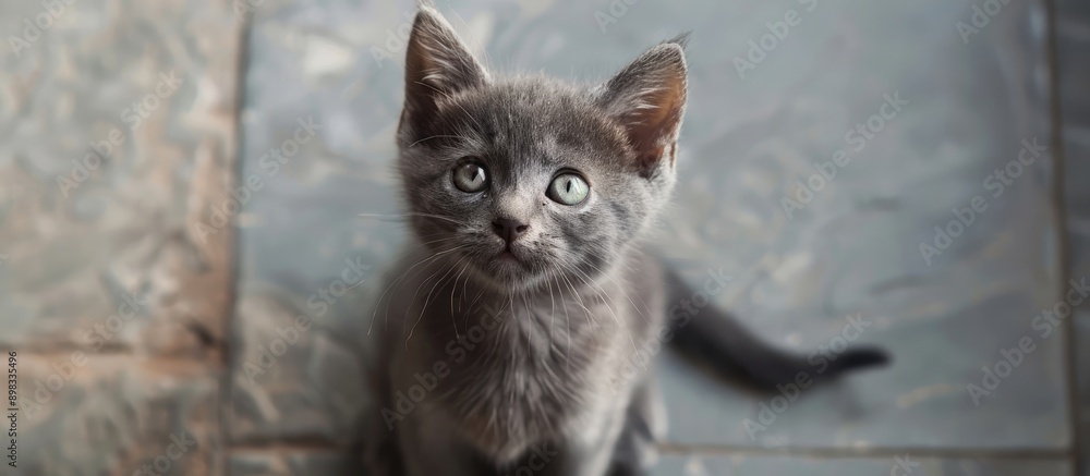 Poster Adorable small gray kitten with green eyes sitting on the floor and looking at the camera in a top down shot with copy space image