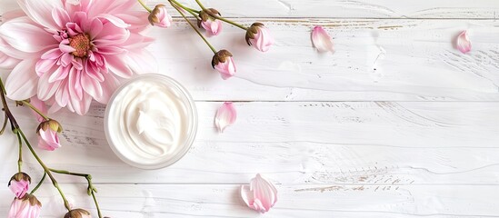 A cosmetic cream displayed on a white wood table with a delicate pink flower and ample copy space image