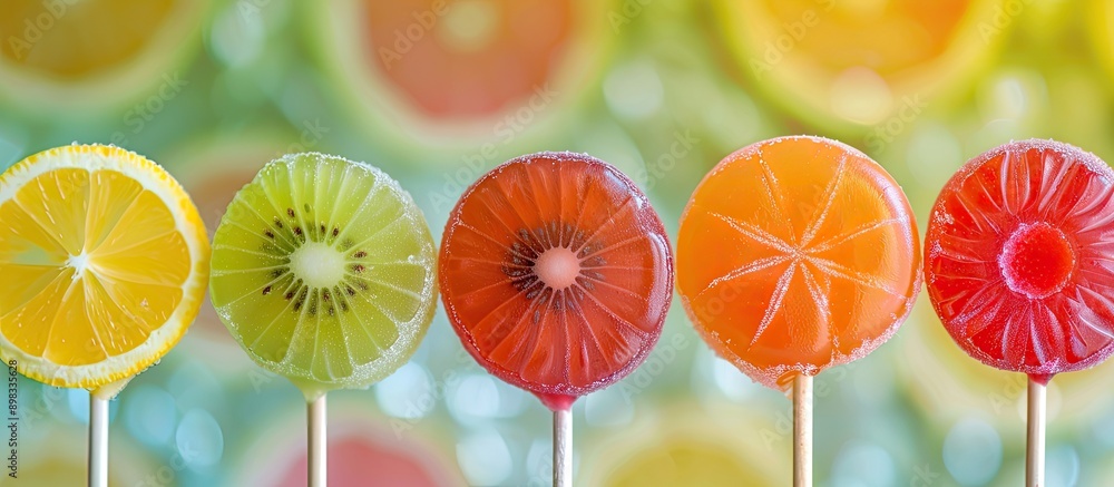 Poster colorful fruit shaped candy lollipops create an attractive display in a copy space image