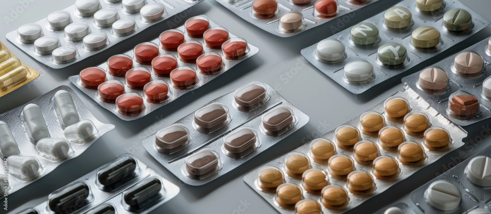 Poster a collection of different tablets in blister packaging illustrating healthcare and medical themes cl