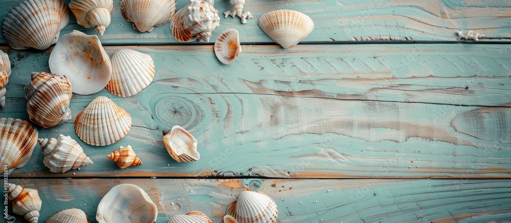 Poster a close up top view of sea shells on a wooden background in retro style with toned coloring creating