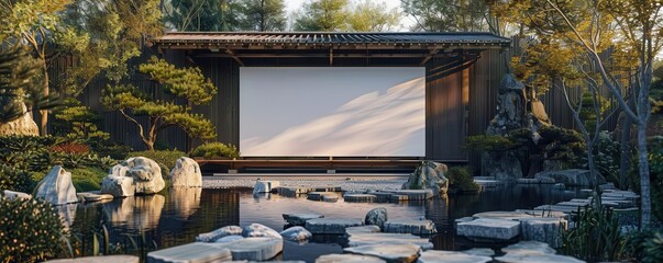 Outdoor movie screen surrounded by lush greenery.
