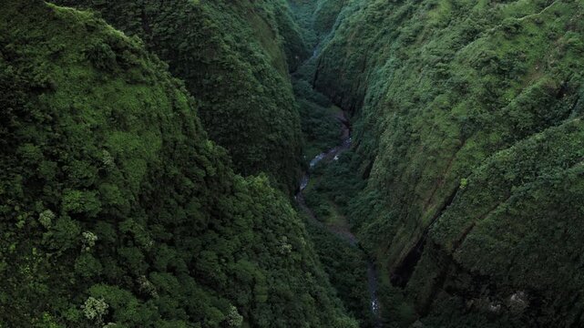 Teahupoo, Tahiti aerial drone view of the river in the valley of mountains Orohena Aorai Ronui. French Polynesia 2024 Paris Olympics surfing spot. Paradise in Pacific Ocean  Moana Disney