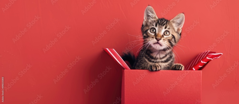 Poster a cute striped kitten emerges from a gift box against a red background suitable for birthdays and ot