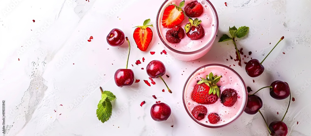 Poster top view of delectable desserts featuring strawberries and cherry smoothies curd yogurt on a white b