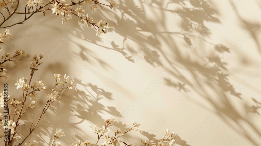 Poster A tree with branches and leaves is casting a shadow on a white background