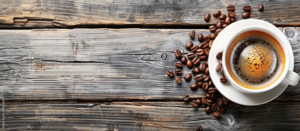 Canvas Prints Top view of a cup of coffee with coffee beans on a rustic wooden table featuring a visually appealing and versatile copy space image