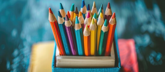 Colorful pencils neatly arranged in a box on top of a book ideal for a back to school theme with available space for inserting images in a top down perspective. Creative banner. Copyspace image