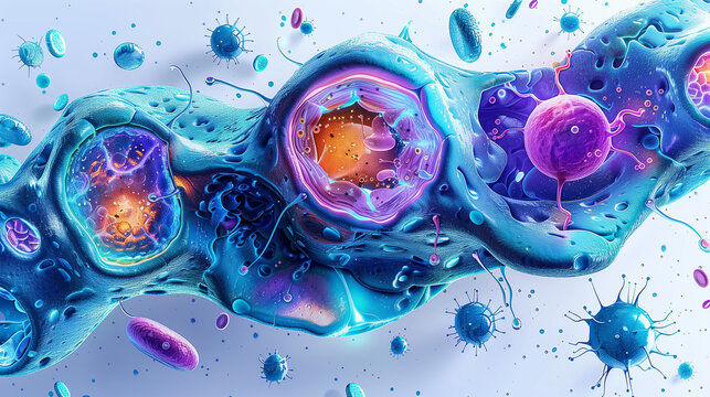 Diagram of cell organelles with brief functional annotations.
