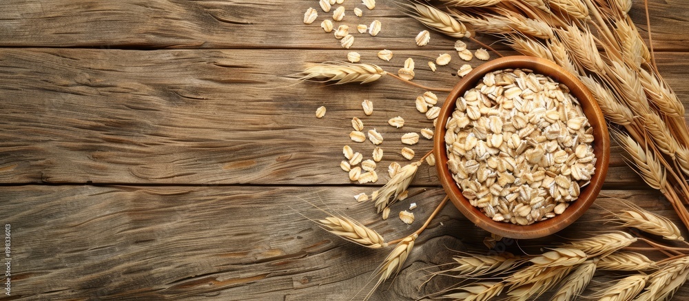 Poster a bountiful harvest of oat ears displayed on a wooden table with a bowl of healthy and fresh dry oat