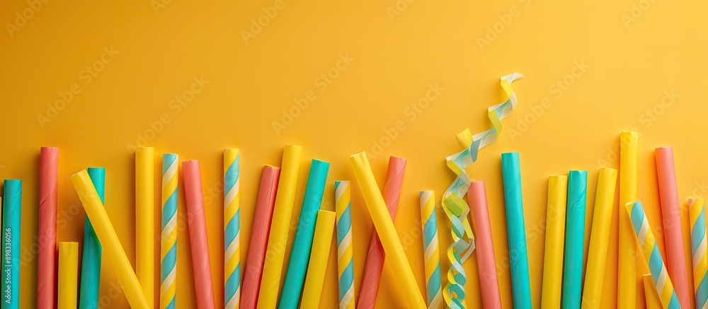 Poster a vibrant display of paper straws on a bright yellow backdrop with a space for text or design. creat