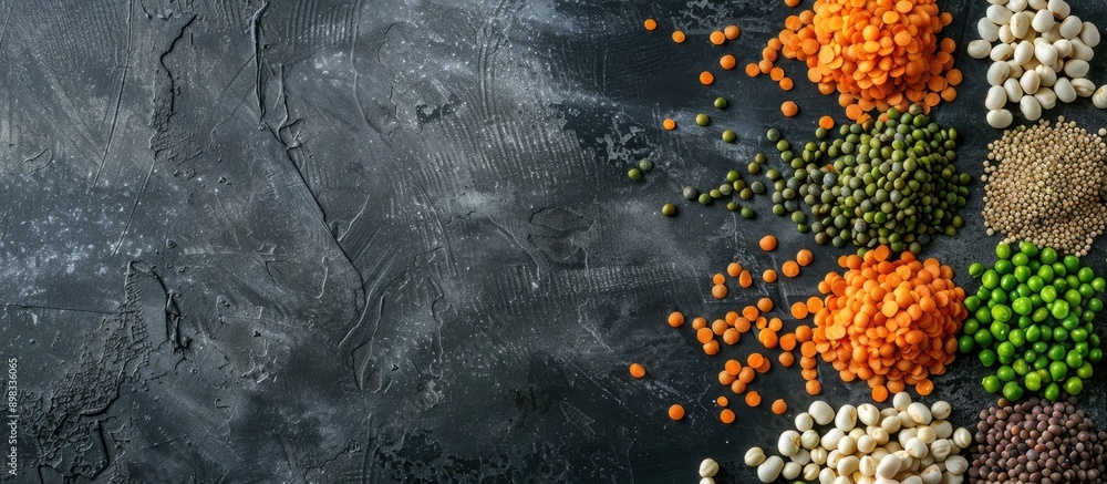 Poster an aerial shot of various peas lentils and legumes on a gray backdrop with ample copy space image