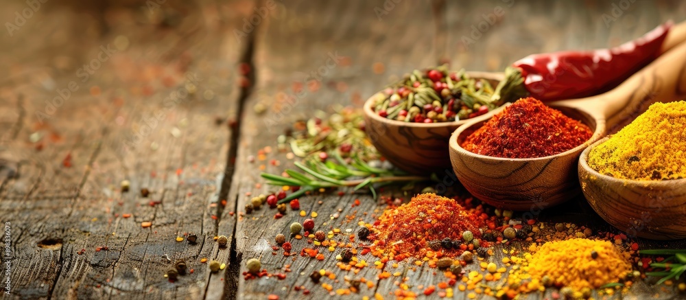 Poster colorful spices adorning a rustic wooden table with a scenic copy space image