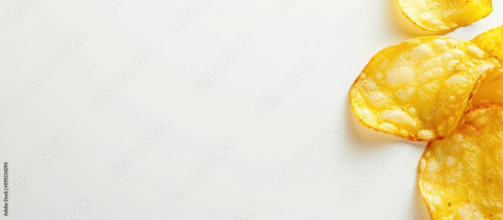 Aufkleber close up shot of a raw potato chip on a white backdrop isolated with ample copy space in a top down 