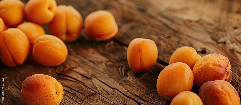 Aufkleber close up of ripe apricots on a wooden table with copy space image