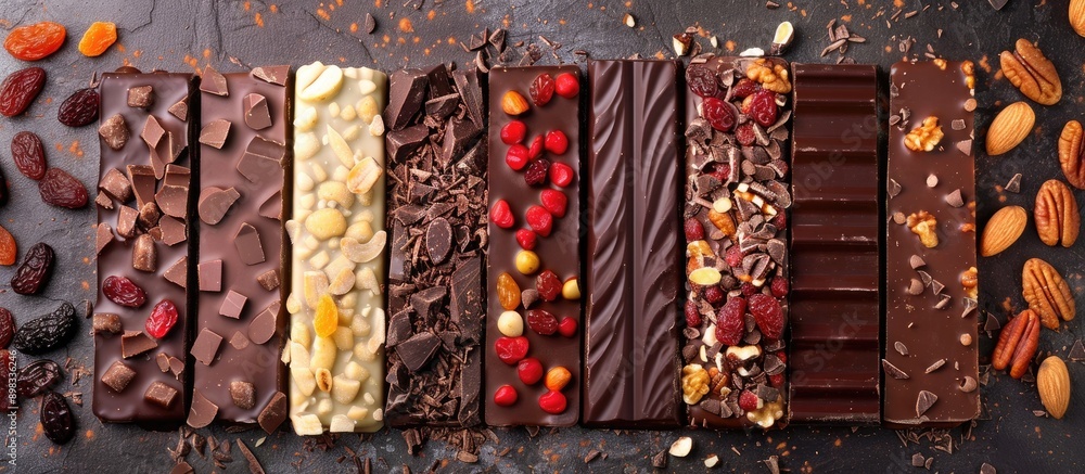 Aufkleber Assorted handmade chocolate bars with dried fruits nuts and a mix of dark and milk chocolate photographed from above showing a copy space image
