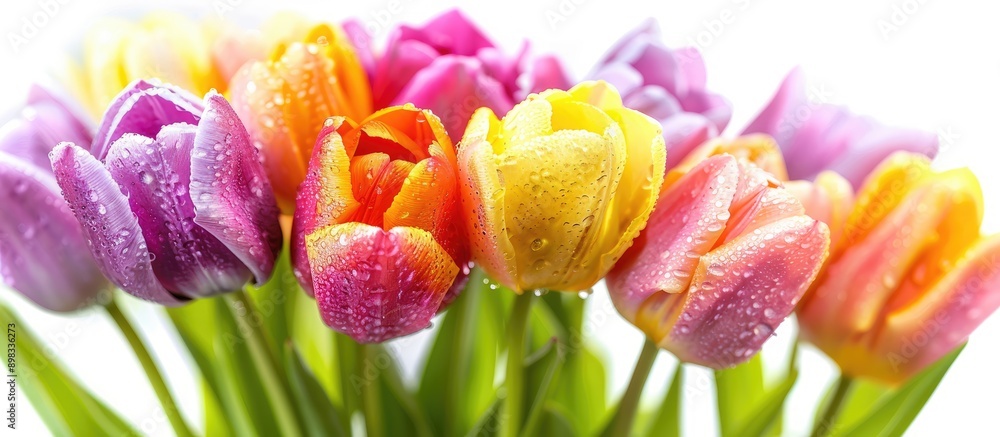 Poster colorful tulips with water drops in a bouquet on a white background create a stunning copy space ima