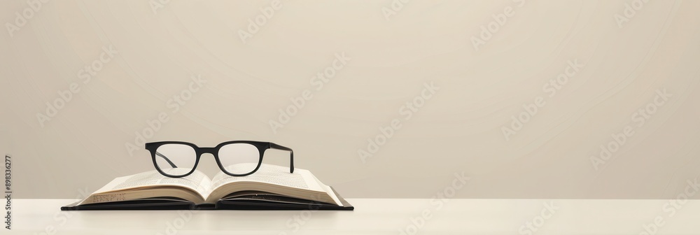 Poster a book is open and lying on a white table with a pair of eyeglasses on top of it. generative ai