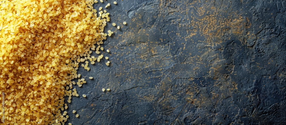 Poster Top view of crushed raw bulgur grain on a food background with copy space image perfect for a menu concept focused on organic healthy eating suitable for keto or paleo diets