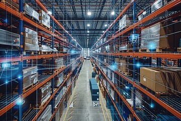 Obraz premium Illustrating a sophisticated warehouse setup, this image features interconnected IoT devices that enable seamless information flow and support predictive maintenance, ensuring efficient operations.