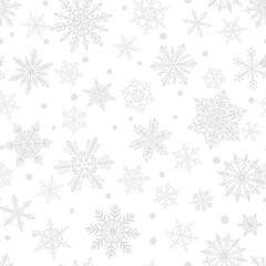 Christmas seamless pattern of beautiful complex gray snowflakes on white background. Winter illustration with falling snow.